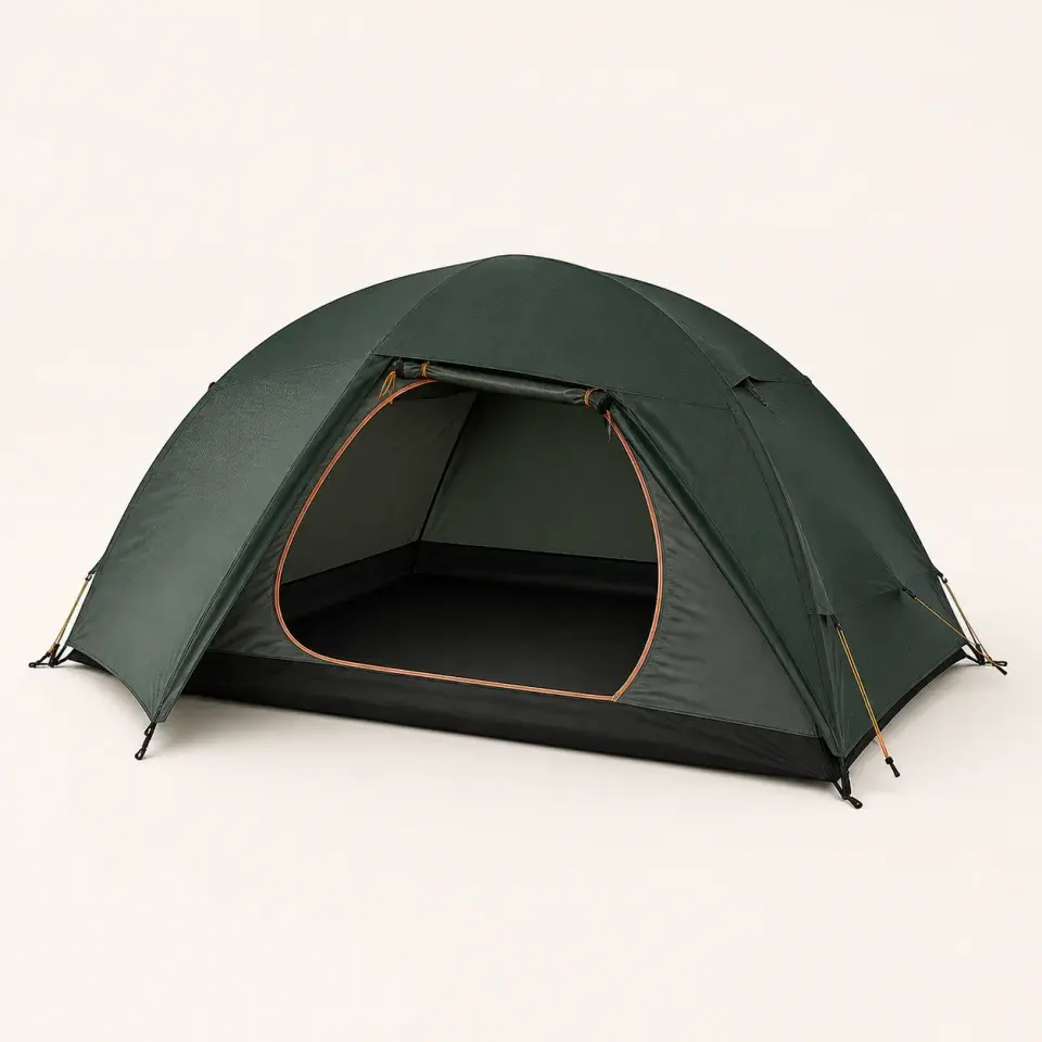 RidgeLine 70 wide forest-green two-person camping tent with orange trim