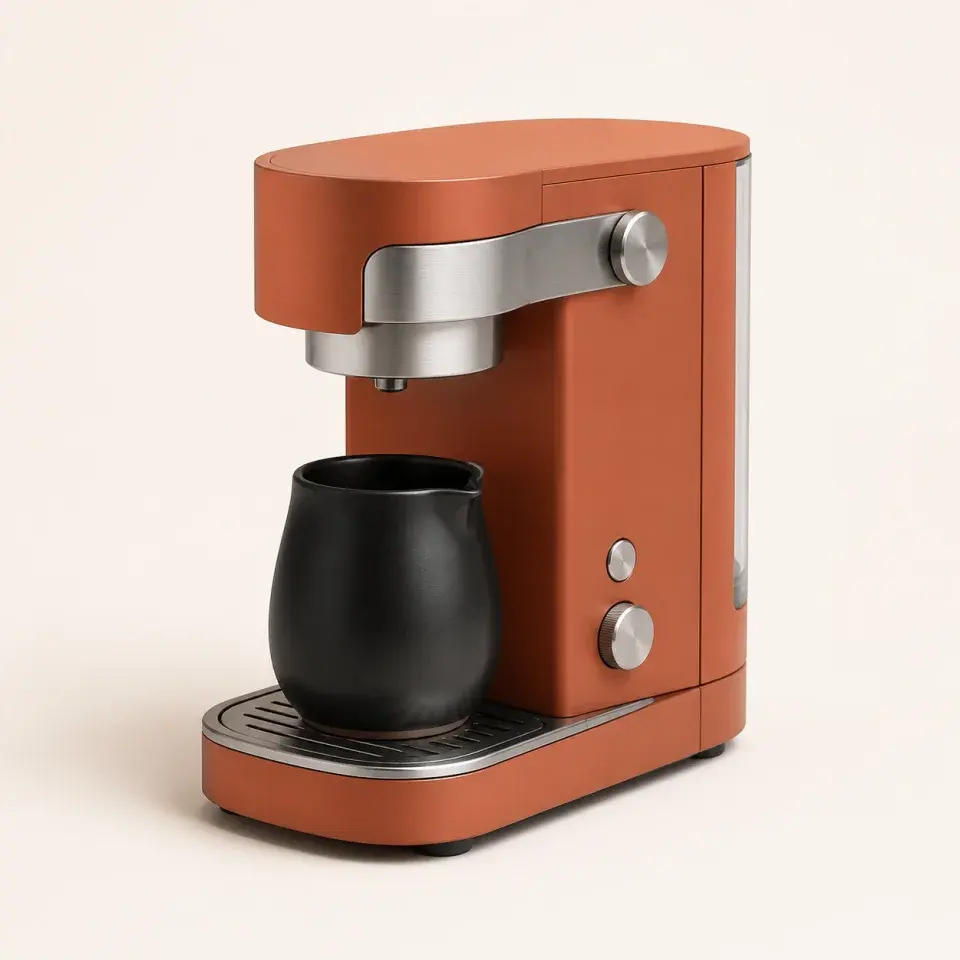 EmberPress compact terracotta coffee brewer with steel controls and a black carafe