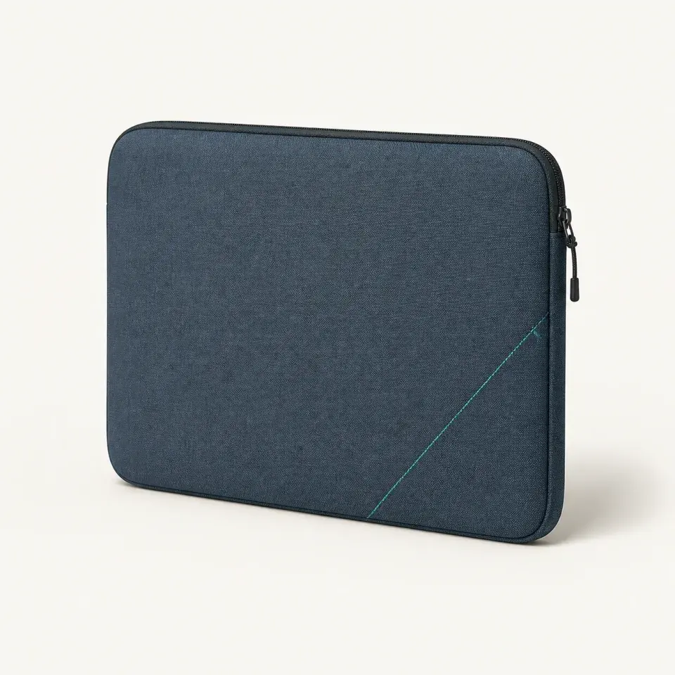 ShellGuard 13 compact slate-blue laptop sleeve with a dark zipper and teal stitching