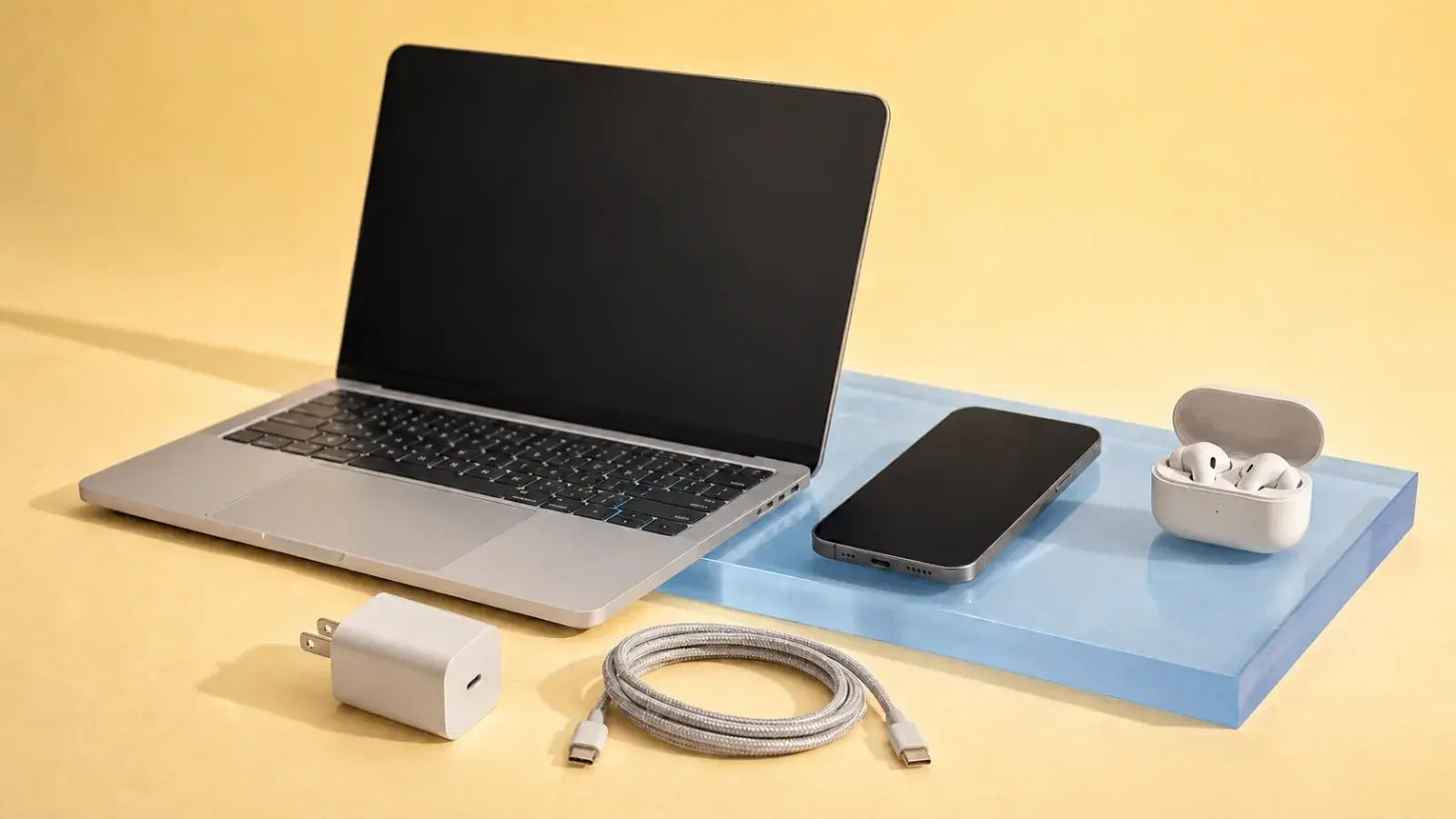 Laptop, smartphone, wireless earbuds, charger, and USB-C cable on a softly lit blue studio set