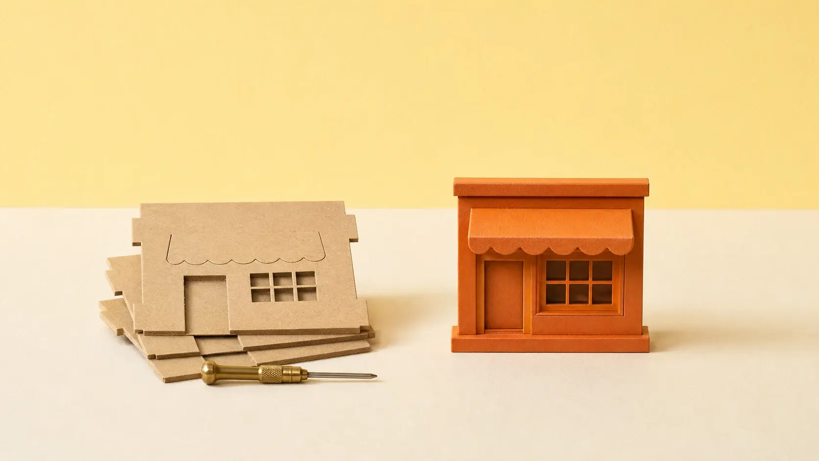 Flat-pack storefront pieces beside a finished storefront for a build-versus-buy comparison